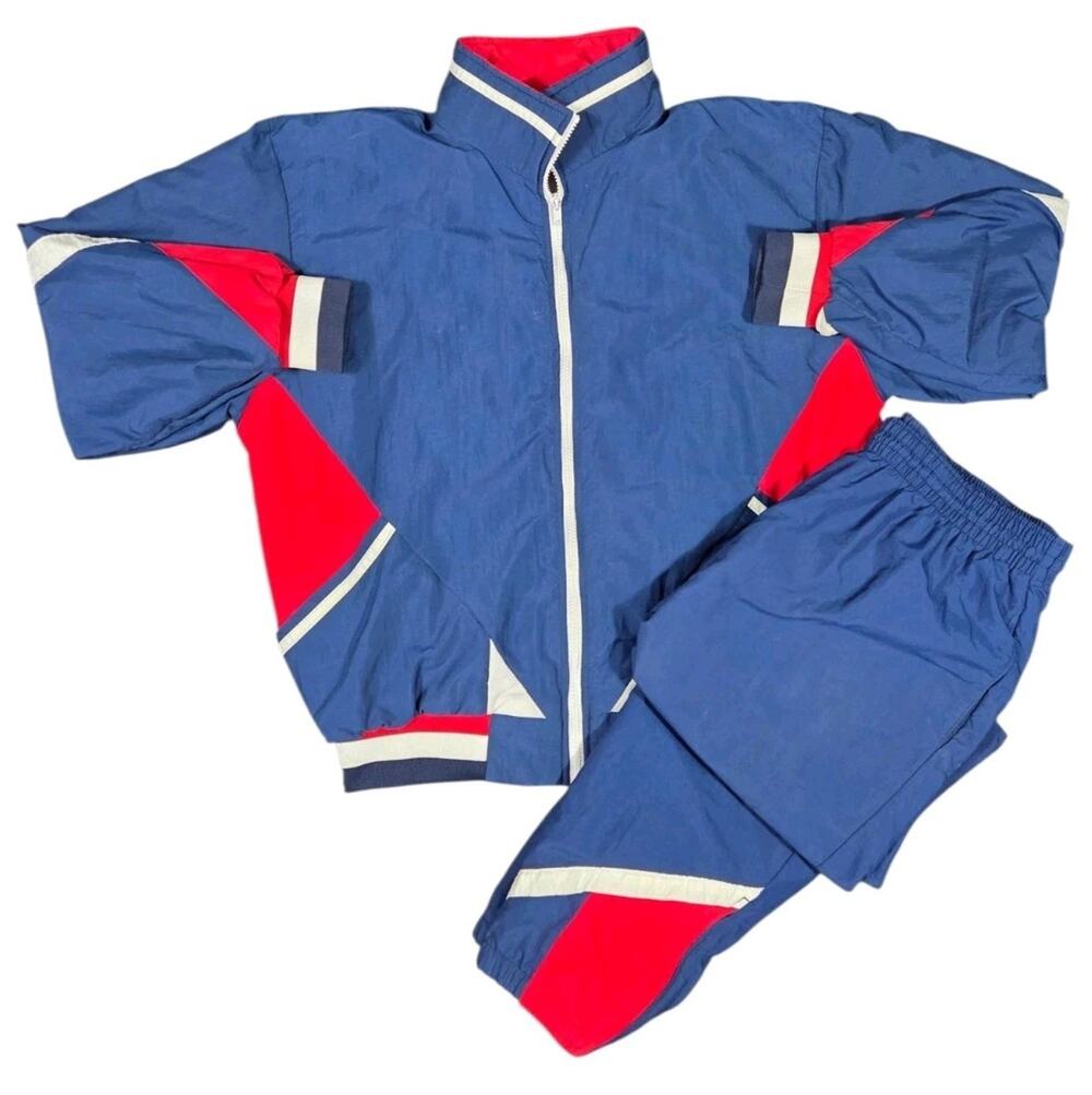 90s Matching Tracksuit Blue Red White Streetwear Nylon Zip Up Patriotic Adult M